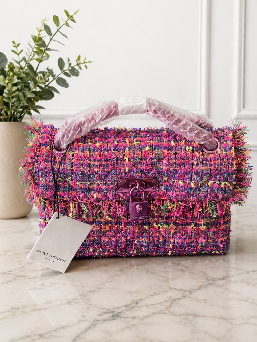 Kurt Geiger Pink Multi Tweed Satchel with Fringed Edges NWT